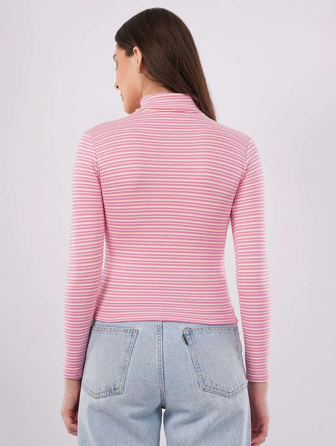 women pink striped turtle neck long sleeve top - 22079939 - Standard Image - 2