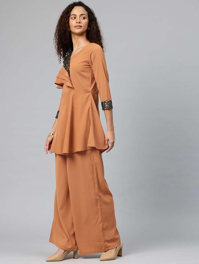 rust polyester top and palazzos set coord - 22080534 -  Standard Image - 2