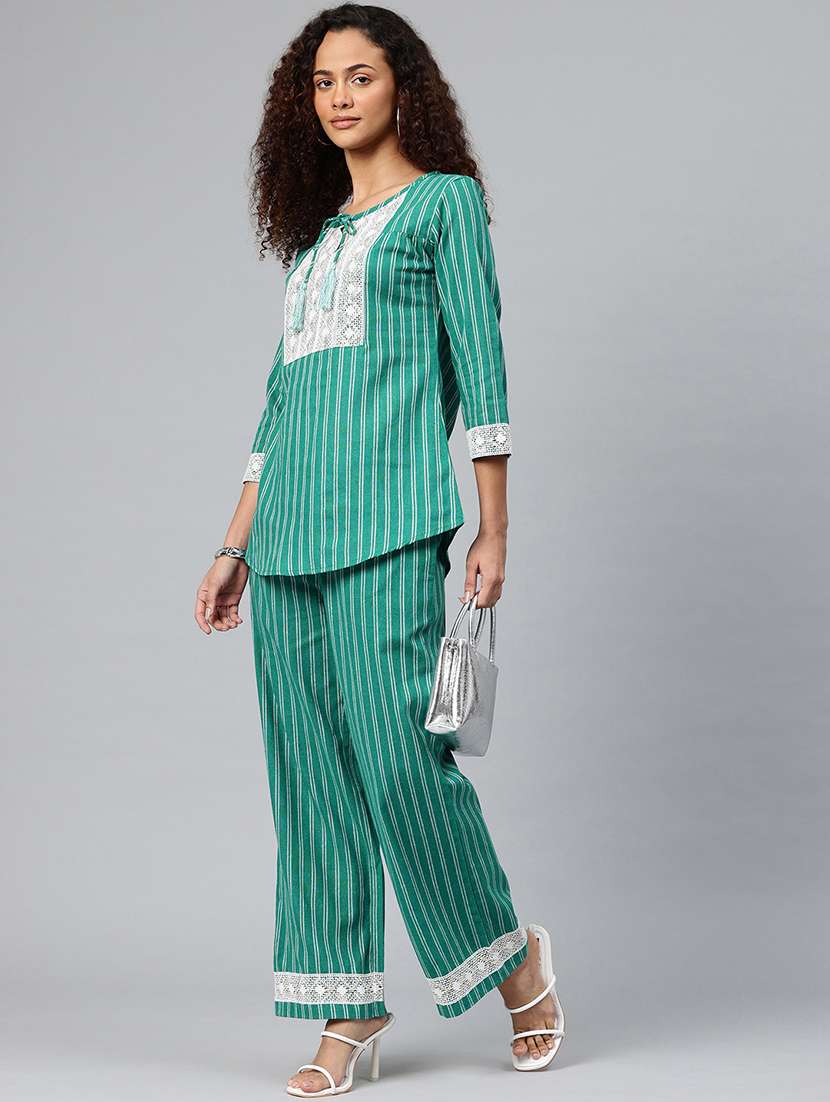 women striped three quarter sleeve co-ord set