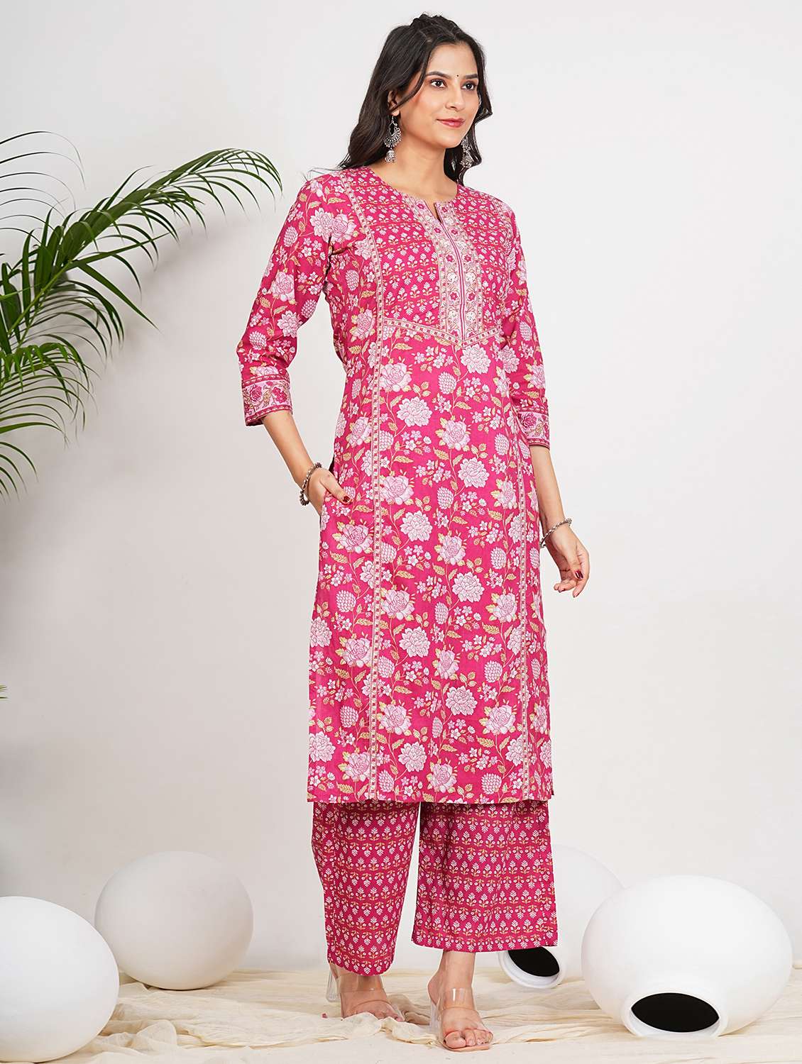 women three quarter sleeve kurta palazzo with dupatta set - 22080564 - Standard Image - 2
