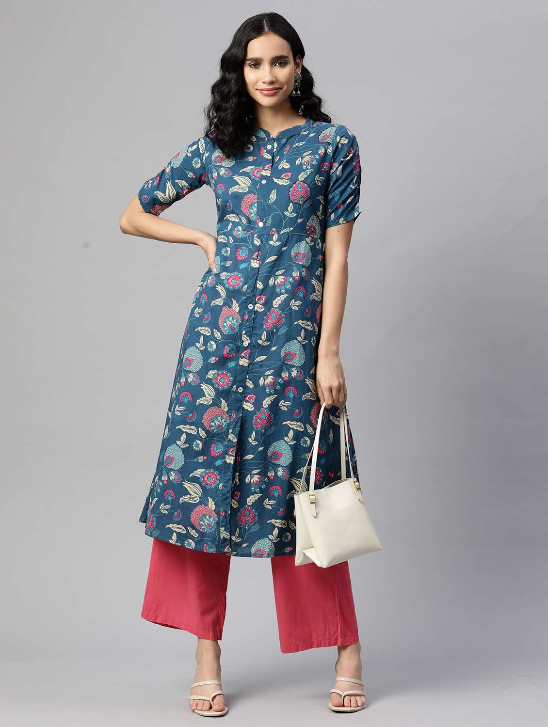 women floral printed short sleeve a-line kurta