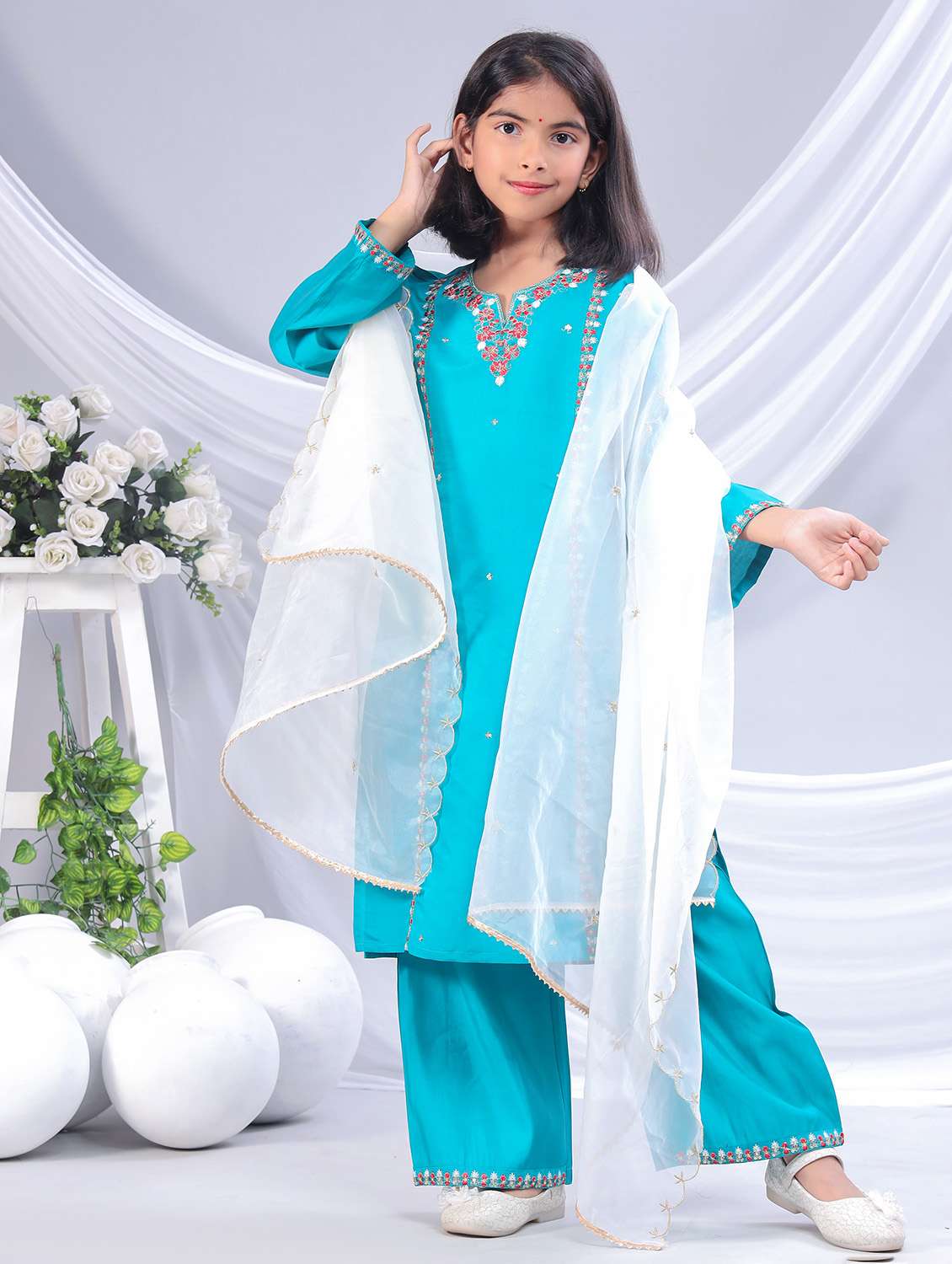girls embroidered kurta and palazzo with dupatta  