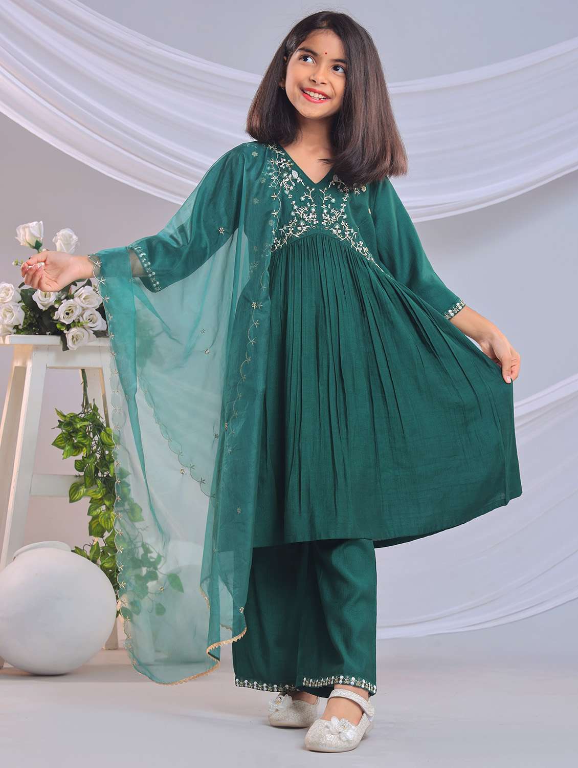  girls embroidered kurta and palazzo with dupatta  