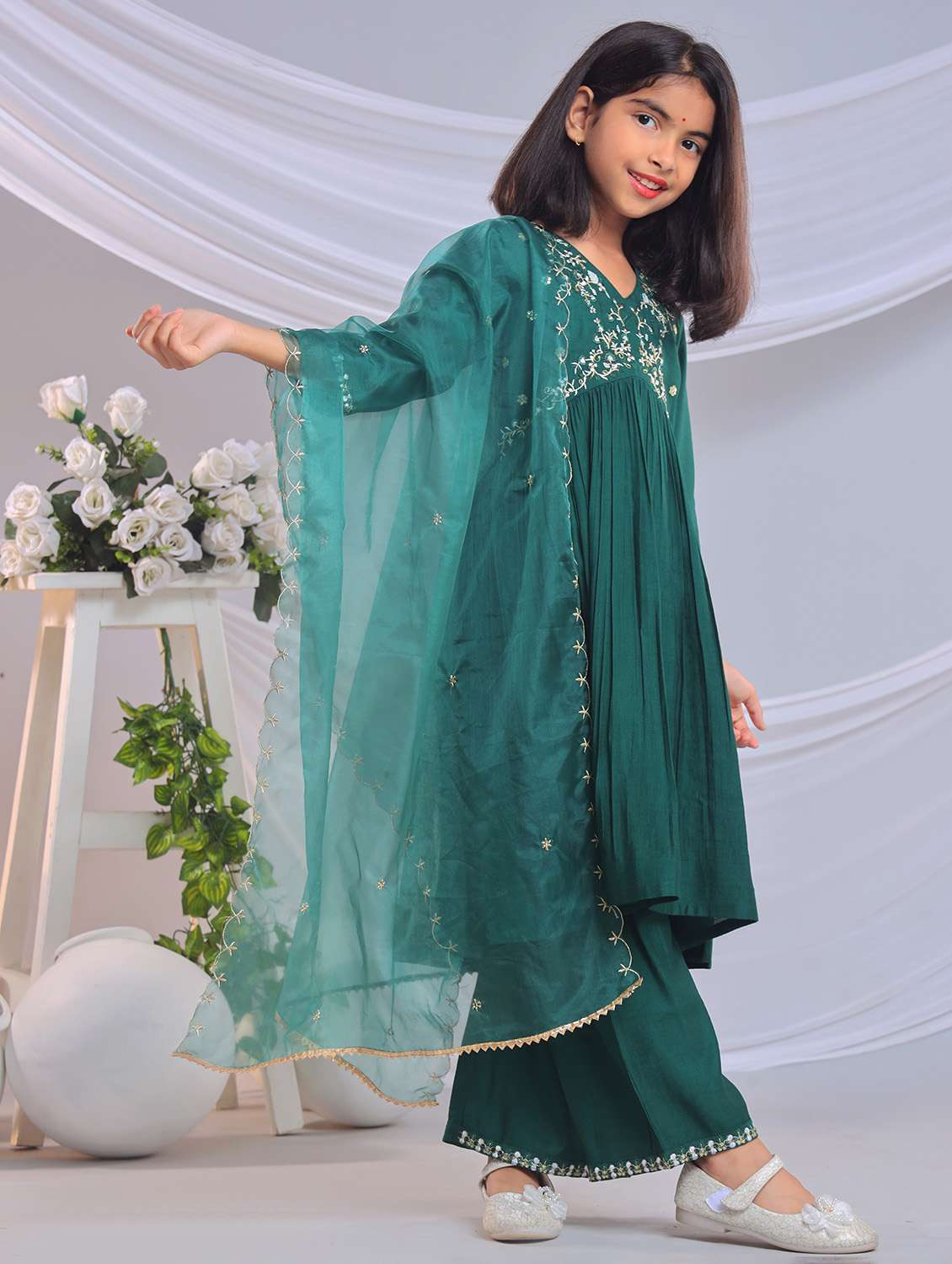 girls embroidered kurta and palazzo with dupatta - 22080641 - Standard Image - 2