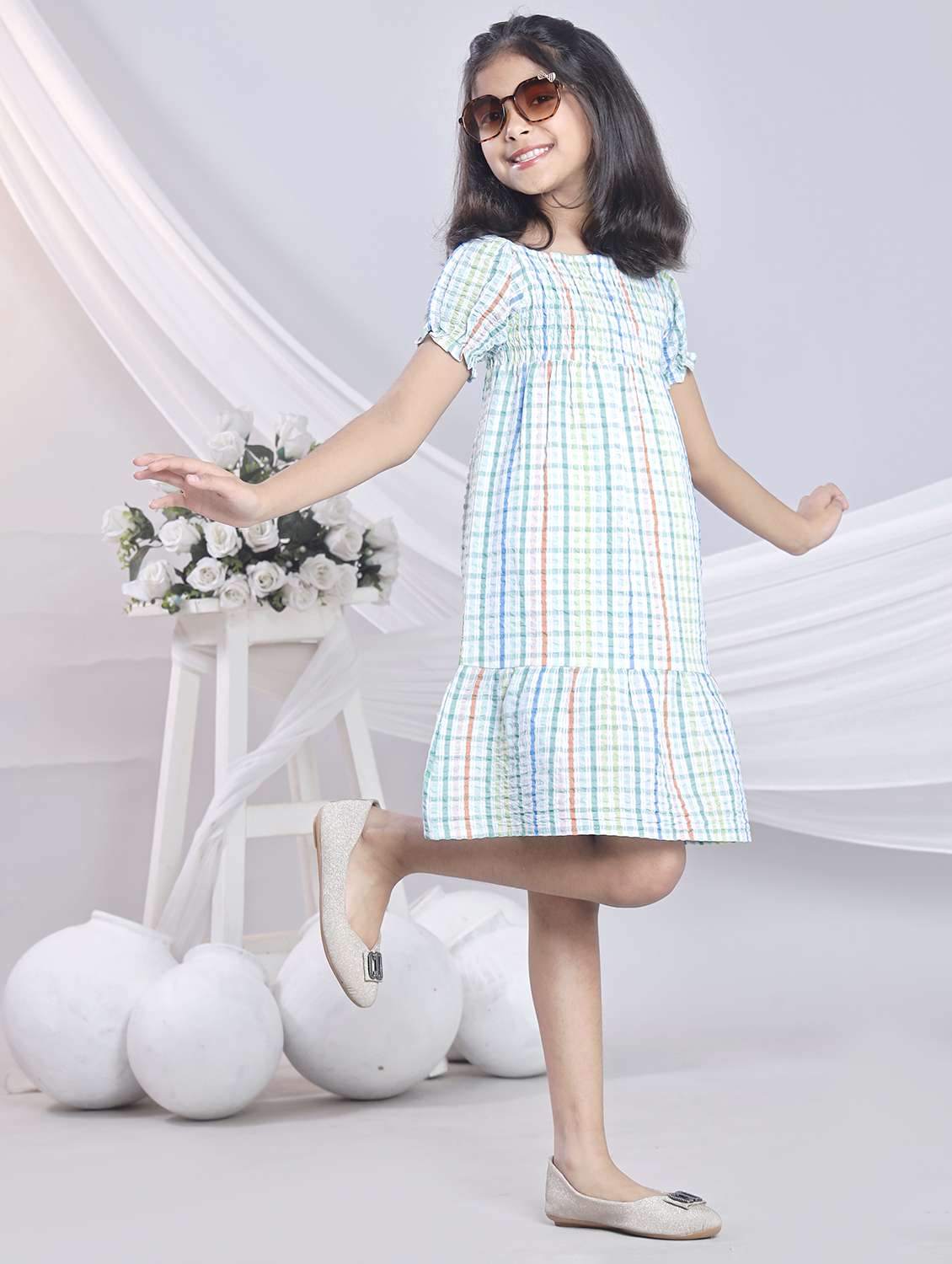 women checkered off shoulder tiered dress - 22080652 -  Standard Image - 2