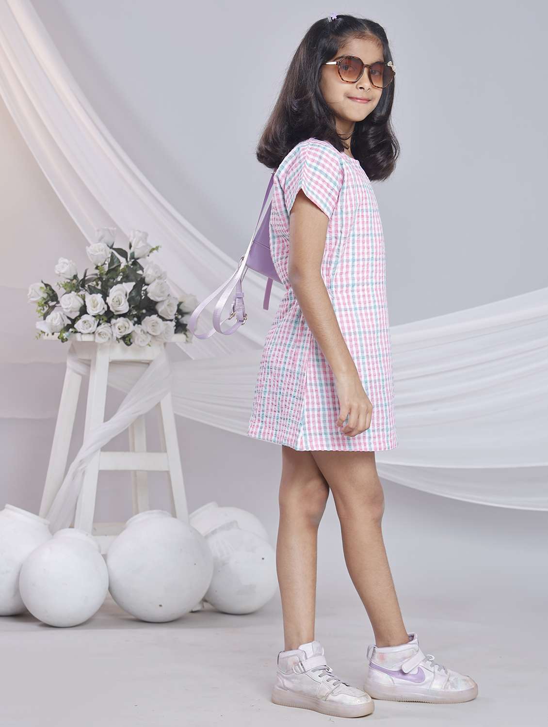 girls checkered short sleeve a-line dress - 22080653 - Standard Image - 2