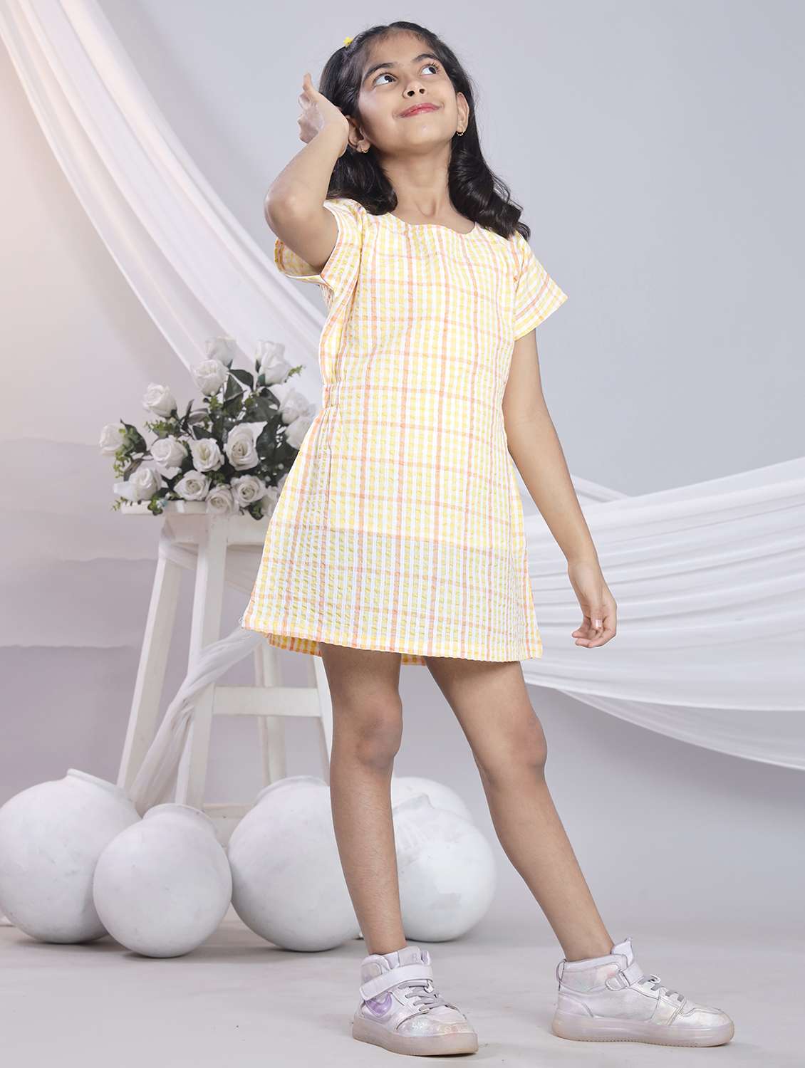 girls checkered short sleeve a-line dress