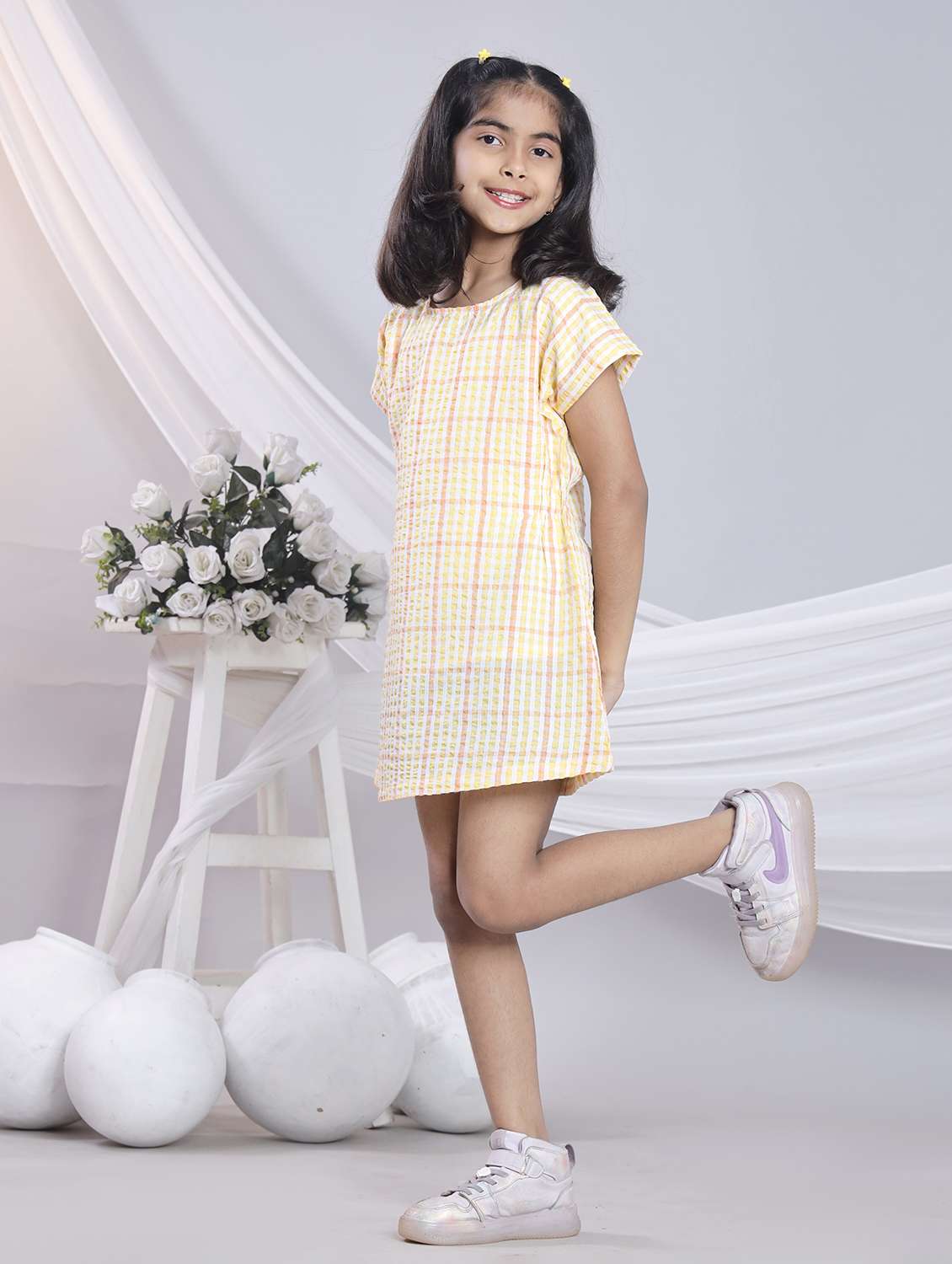 girls checkered short sleeve a-line dress - 22080654 - Standard Image - 2