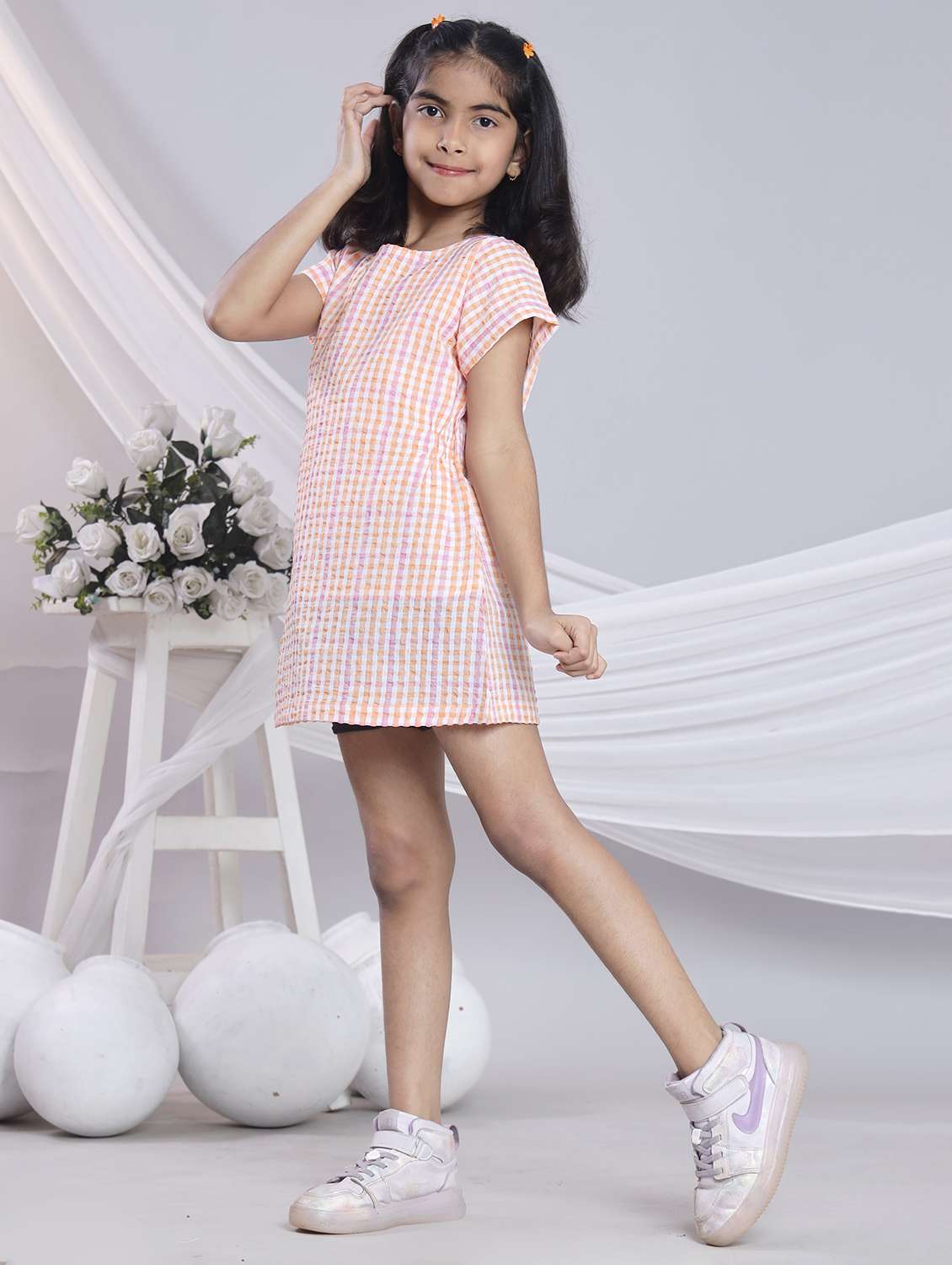 girls checkered short sleeve a-line dress - 22080655 - Standard Image - 2