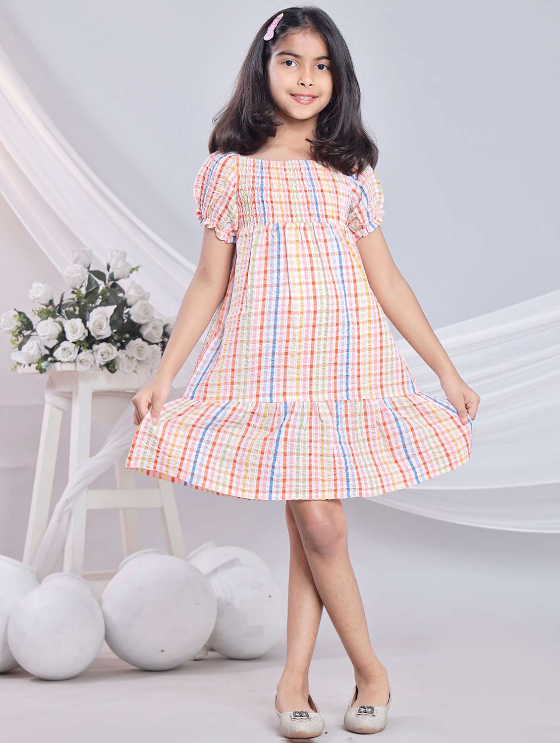 Girls Checkered Off Shoulder Tiered Dress - 22080656 -  Standard Image - 2