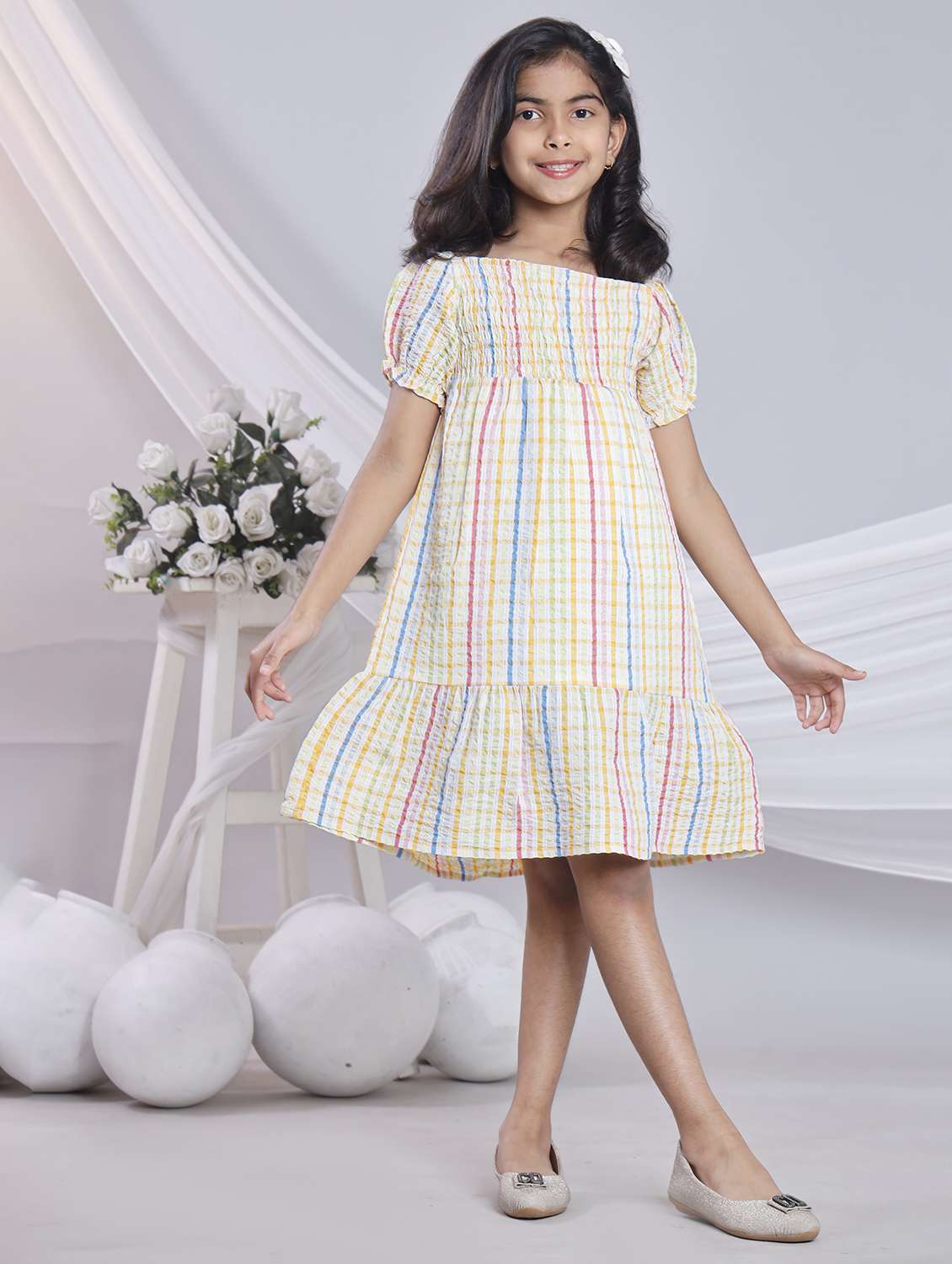 girls checkered off shoulder tiered dress - 22080657 -  Standard Image - 2