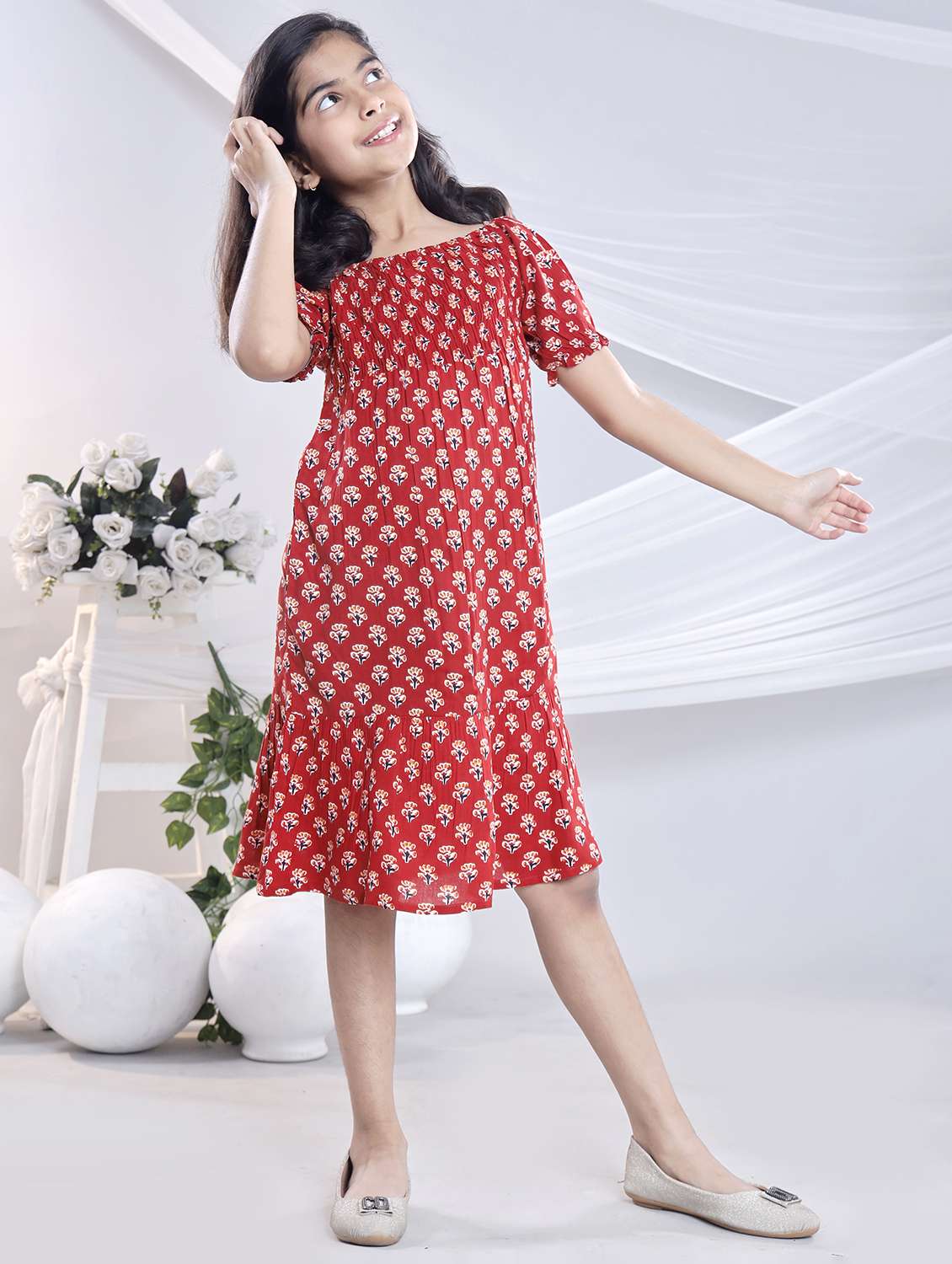 girls polka doted off shoulder tiered dress - 22080660 - Standard Image - 2