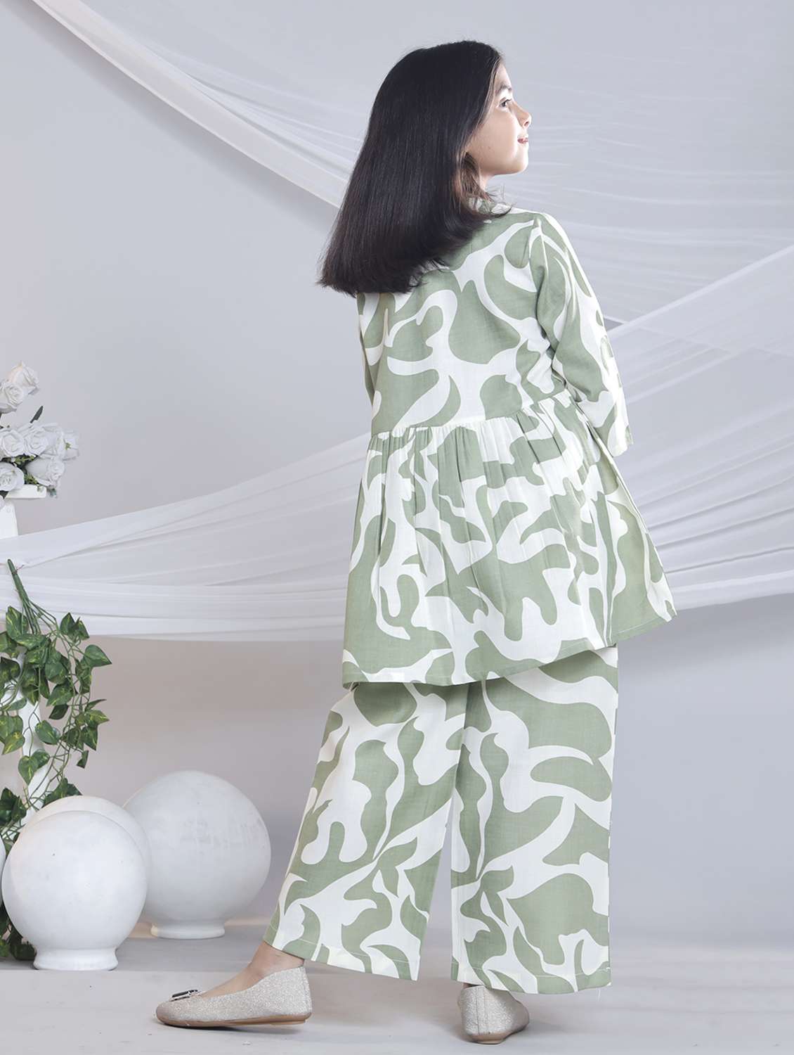 girls printed three quarter sleeve kurta and palazzo set  - 22080663 -  Standard Image - 2