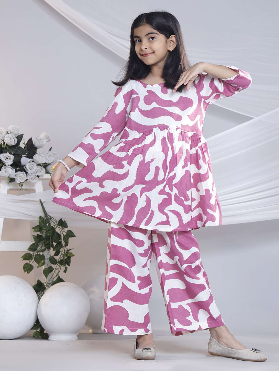 girls printed three quarter sleeve kurta and palazzo set  - 22080664 -  Standard Image - 2