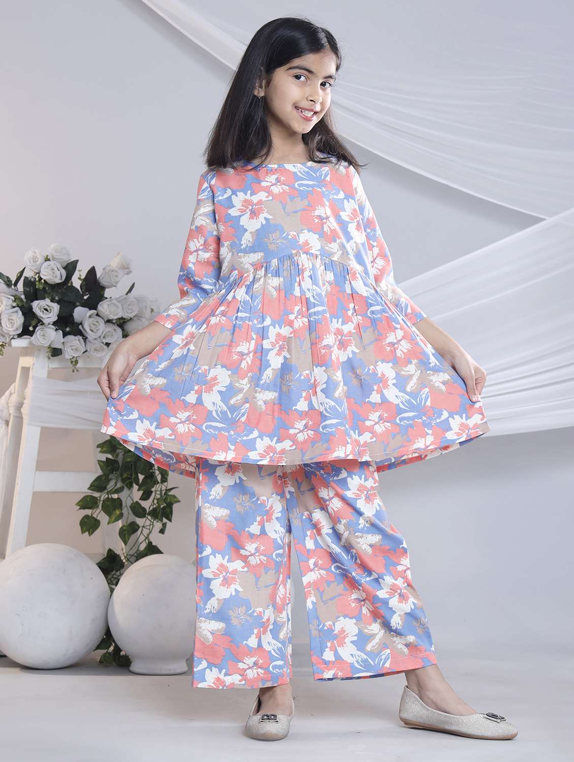 girls printed three quarter sleeve kurta and palazzo set  - 22080665 -  Standard Image - 2