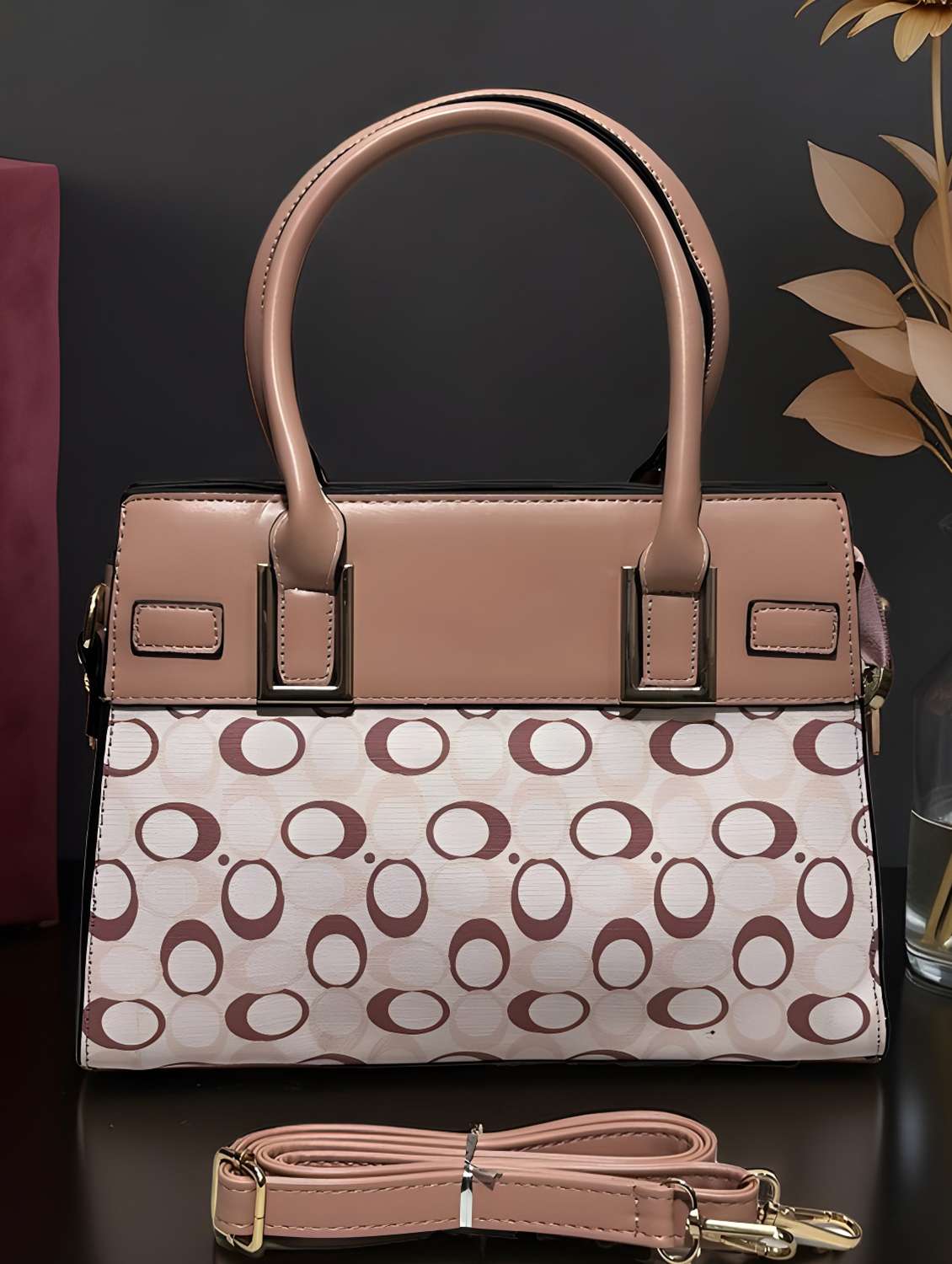 peach geometric print handbag with handle - 22080794 -  Zoom Image - 0