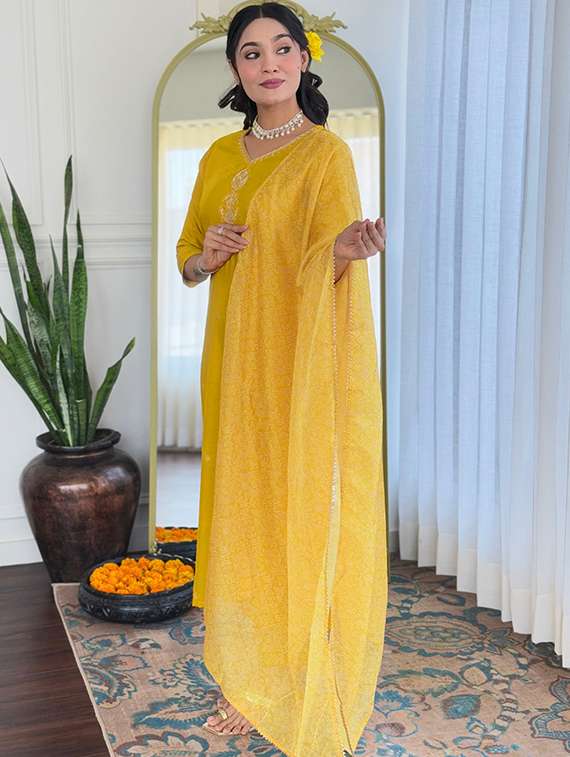 women embroidered three quarter sleeve kurta pant with dupatta set - 22080919 - Standard Image - 2
