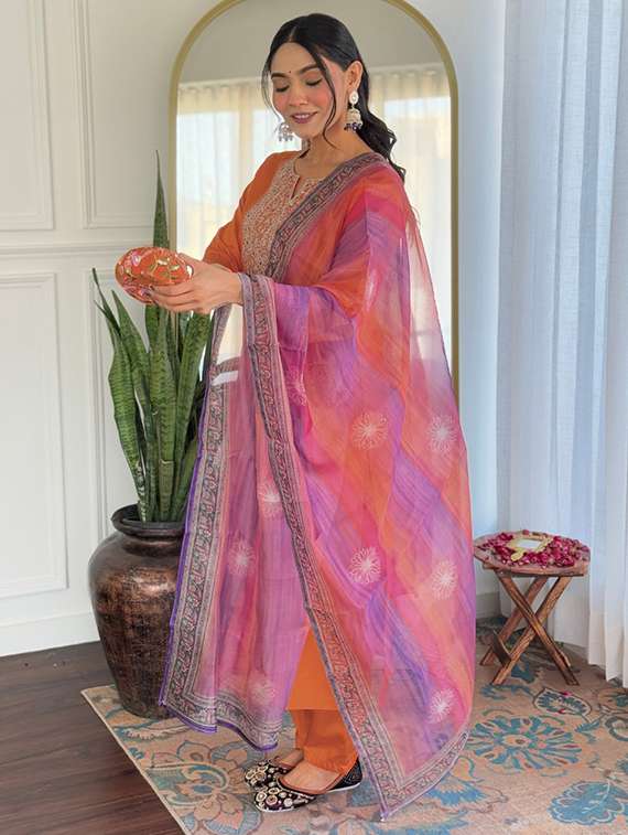 women embroidered three quarter sleeve kurta pant with dupatta set - 22080925 - Standard Image - 2