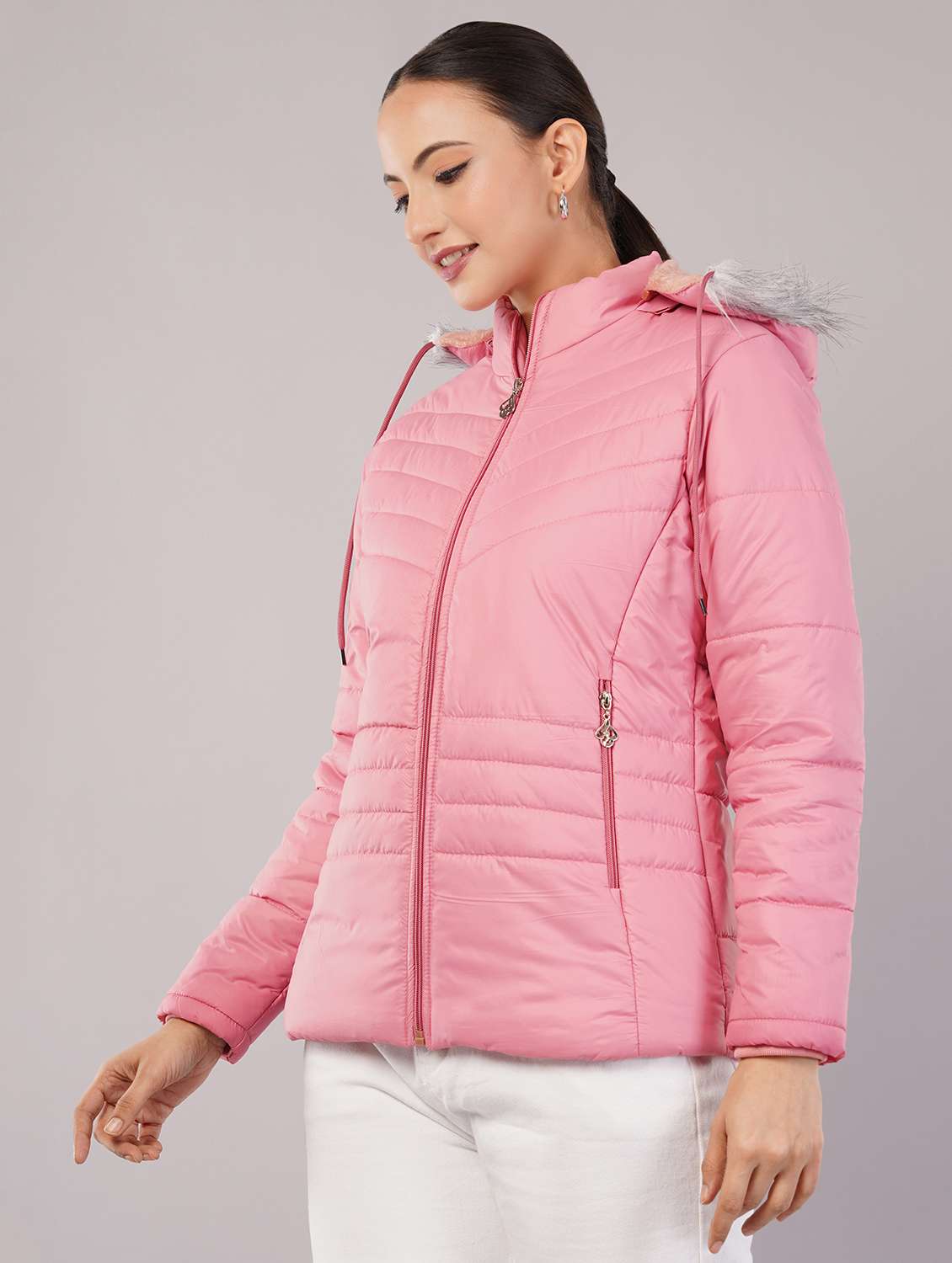 women solid long sleeve hooded quilted jacket