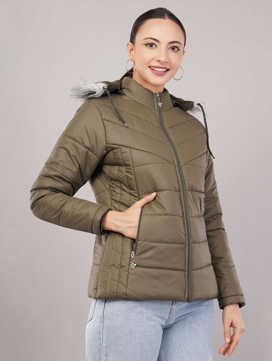 women solid long sleeve hooded quilted jacket
