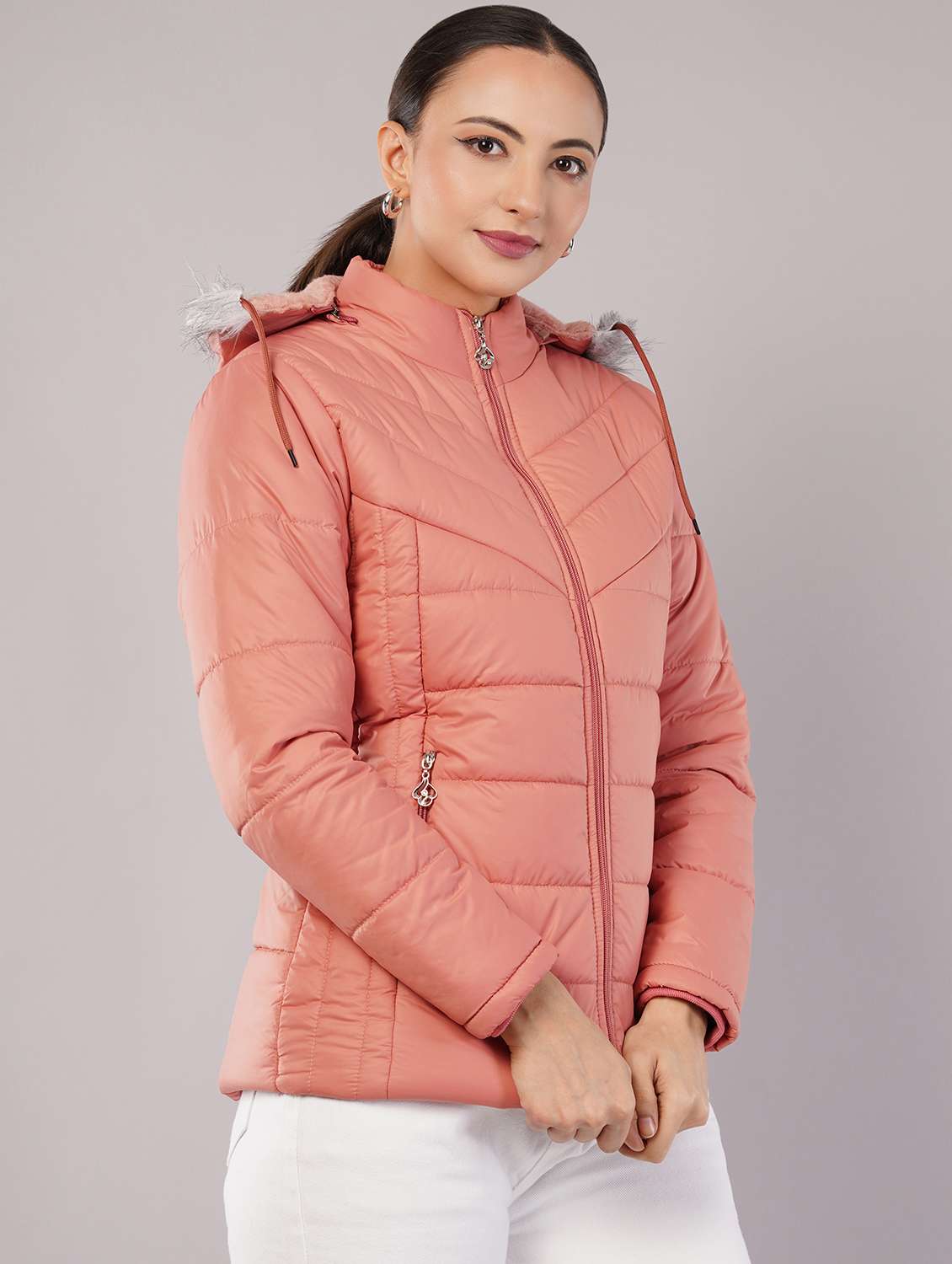 women solid long sleeve hooded quilted jacket