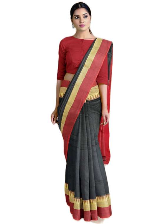 women solid with bordered handloom saree with blouse - 22081582 -  Standard Image - 2