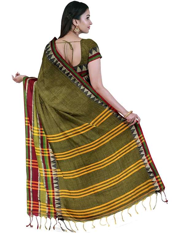 women solid with bordered handloom saree with blouse - 22081733 -  Standard Image - 2