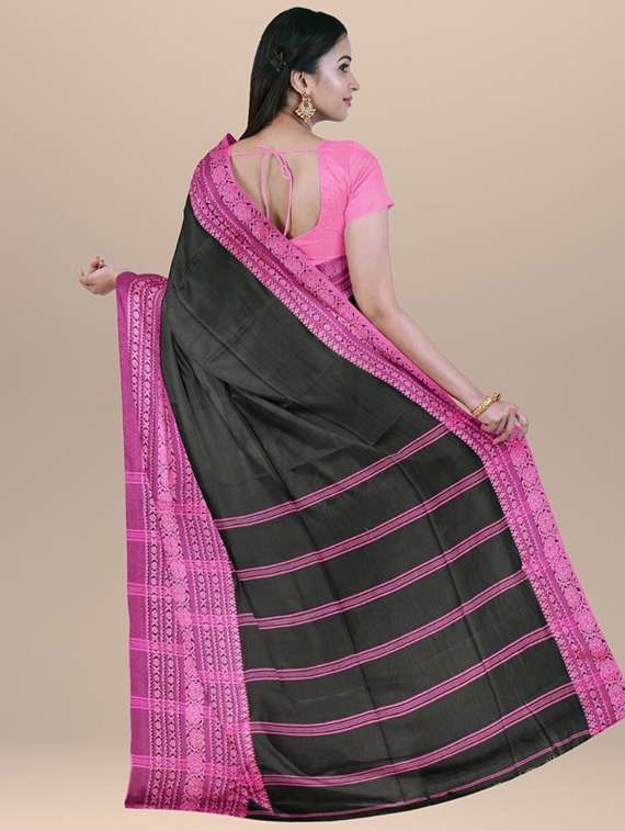 women solid with bordered handloom saree with blouse - 22081897 - Standard Image - 2