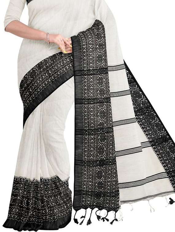 women solid with bordered handloom saree with blouse - 22081971 - Standard Image - 2