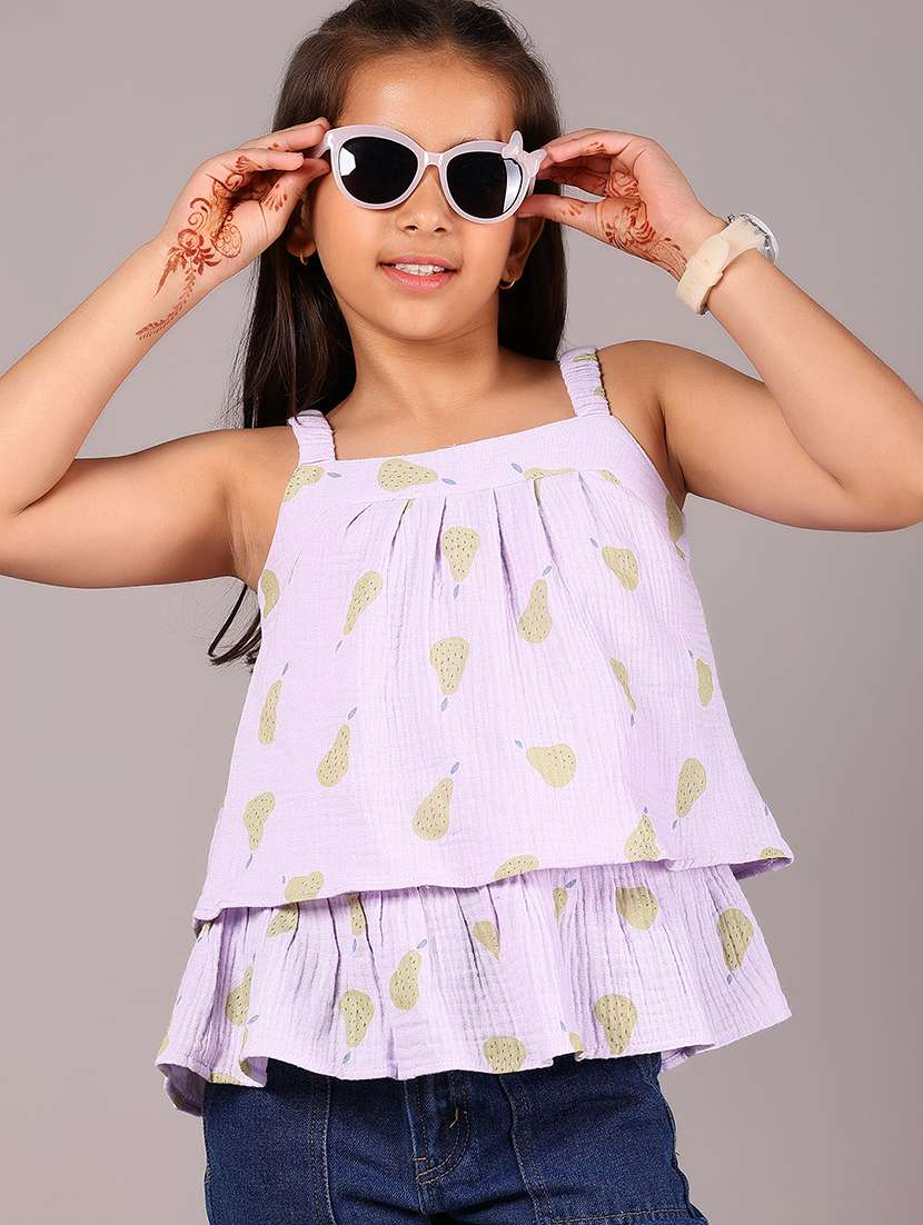girls printed shoulder strap layered top
