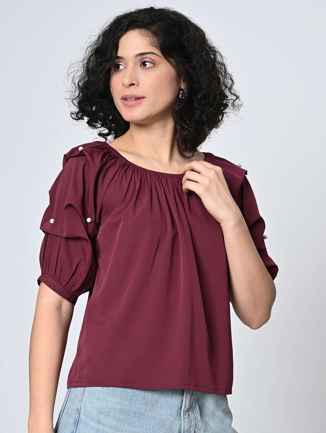 women solid puff sleeve regular top - 22082154 -  Standard Image - 2