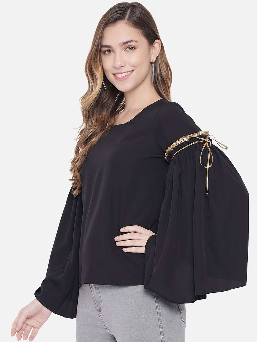 women solid round neck bell slevee regular top - 22082157 - Standard Image - 2