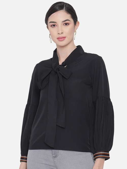 women solid tie up neck puff sleeve regular top - 22082163 - Standard Image - 0
