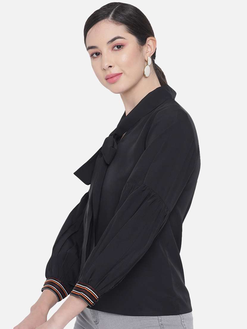 women solid tie up neck puff sleeve regular top - 22082163 - Standard Image - 2