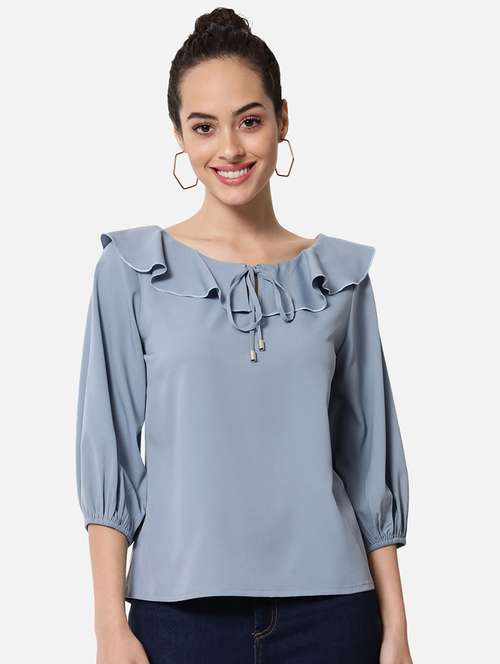 women solid tie-up neck ruffle detailed regular top - 22082171 -  Standard Image - 0