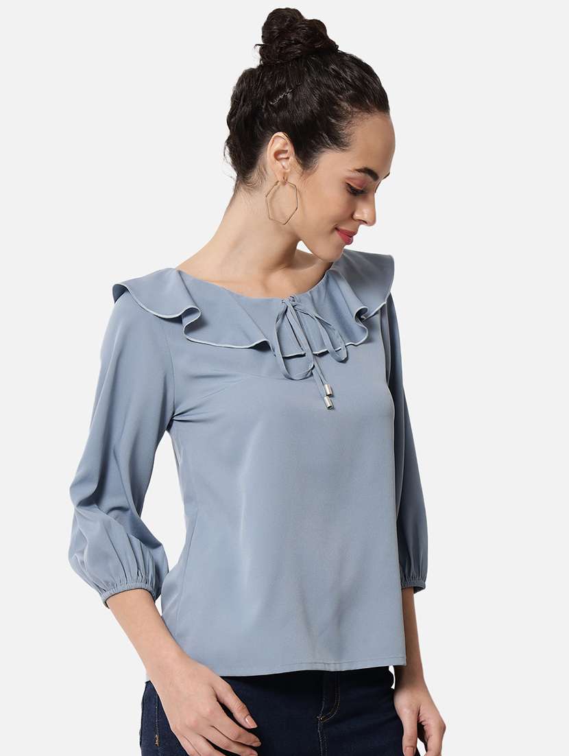 women solid tie-up neck ruffle detailed regular top - 22082171 -  Standard Image - 2