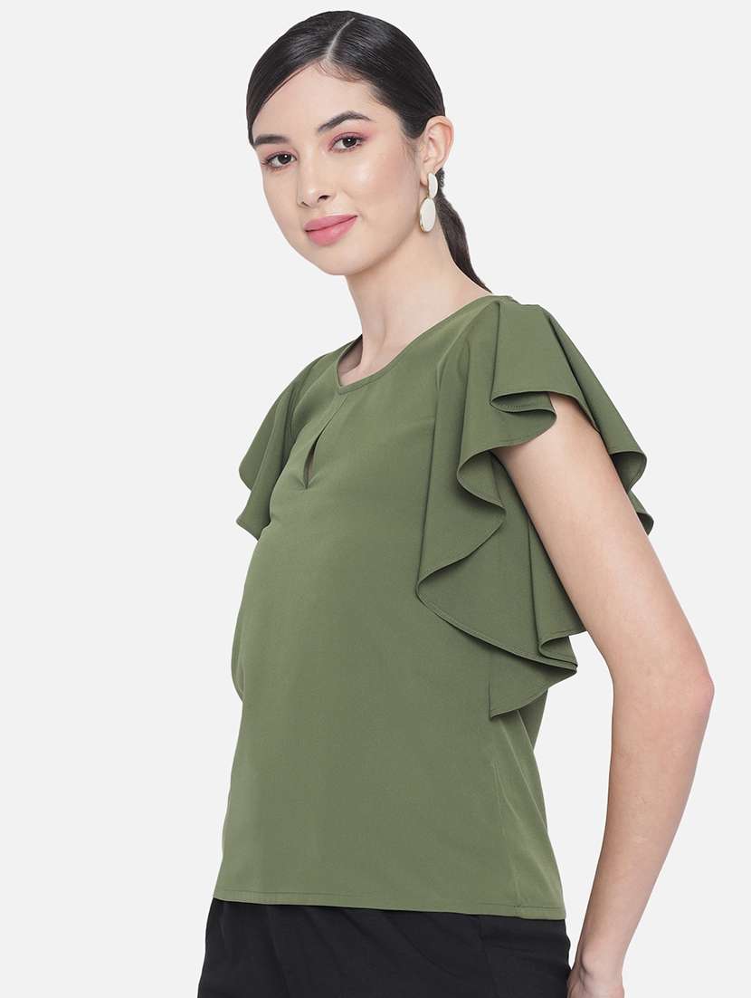 women solid round neck ruffle sleeve regular top - 22082173 -  Standard Image - 2