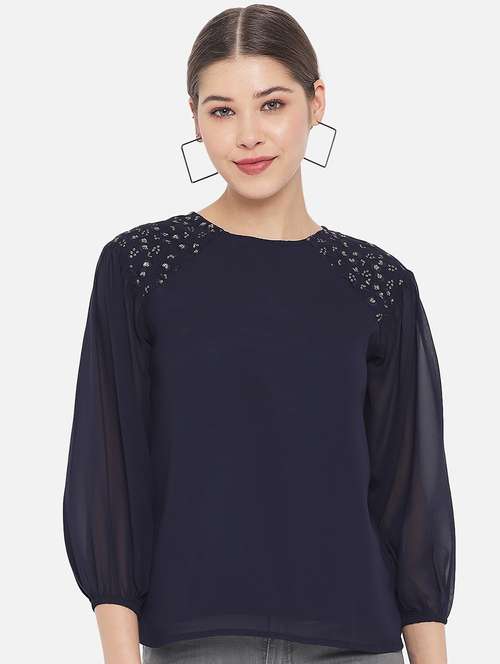 women solid puff sleeve regular top - 22082174 - Standard Image - 0