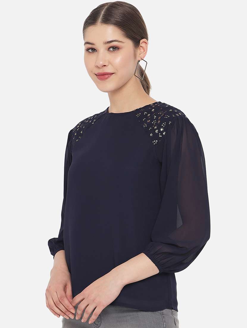 women solid puff sleeve regular top - 22082174 - Standard Image - 2