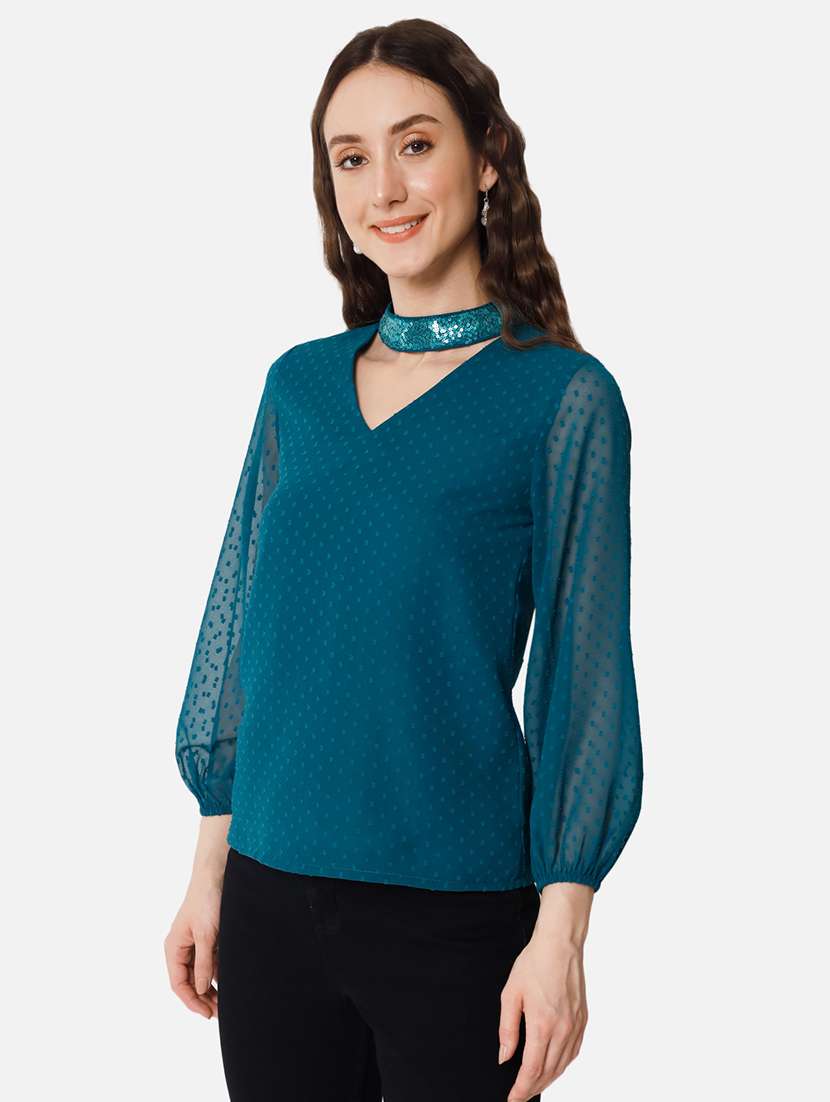women teal choker neck puff sleeve regular top - 22082176 -  Standard Image - 2