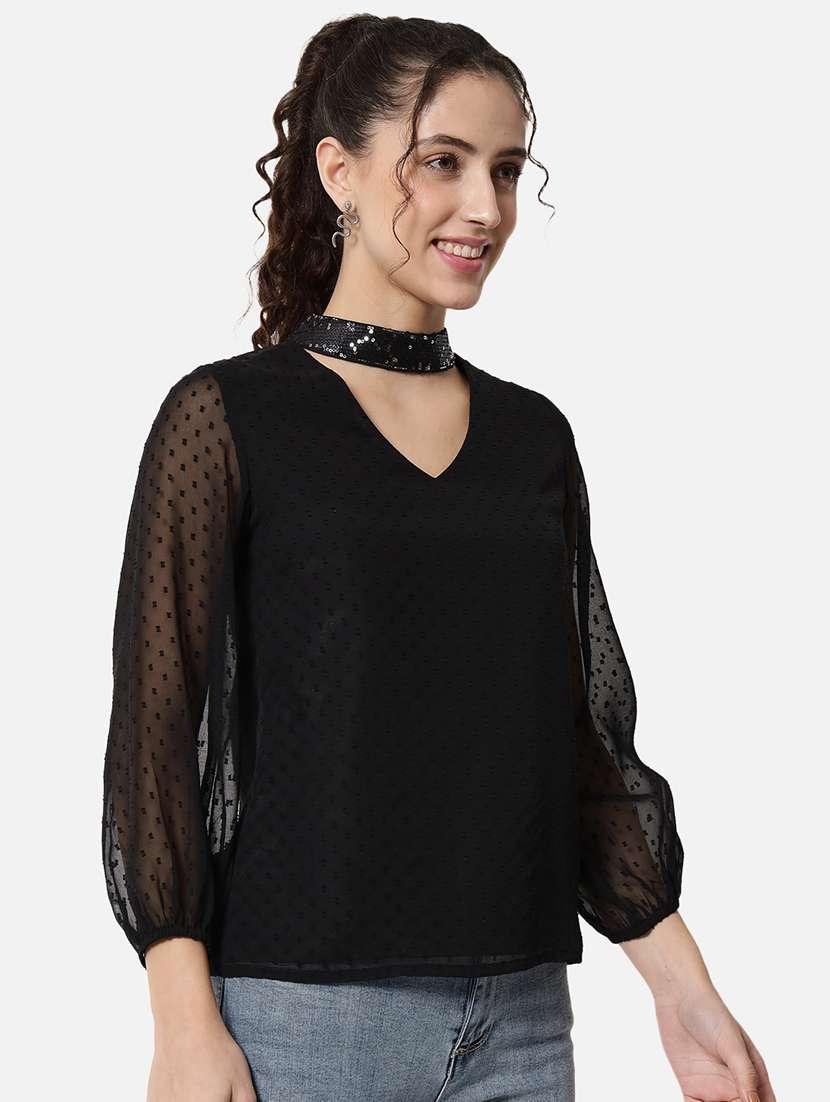 women black solid choker neck puff sleeve regular top - 22082177 - Standard Image - 2