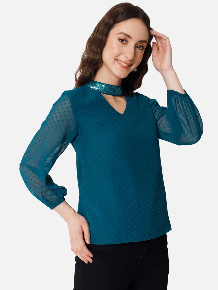 women solid choker neck puff sleeve regular top - 22082178 - Standard Image - 2
