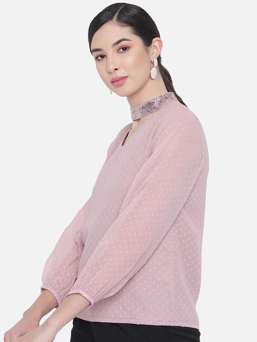 women solid choker neck puff sleeve regular top - 22082179 - Standard Image - 2