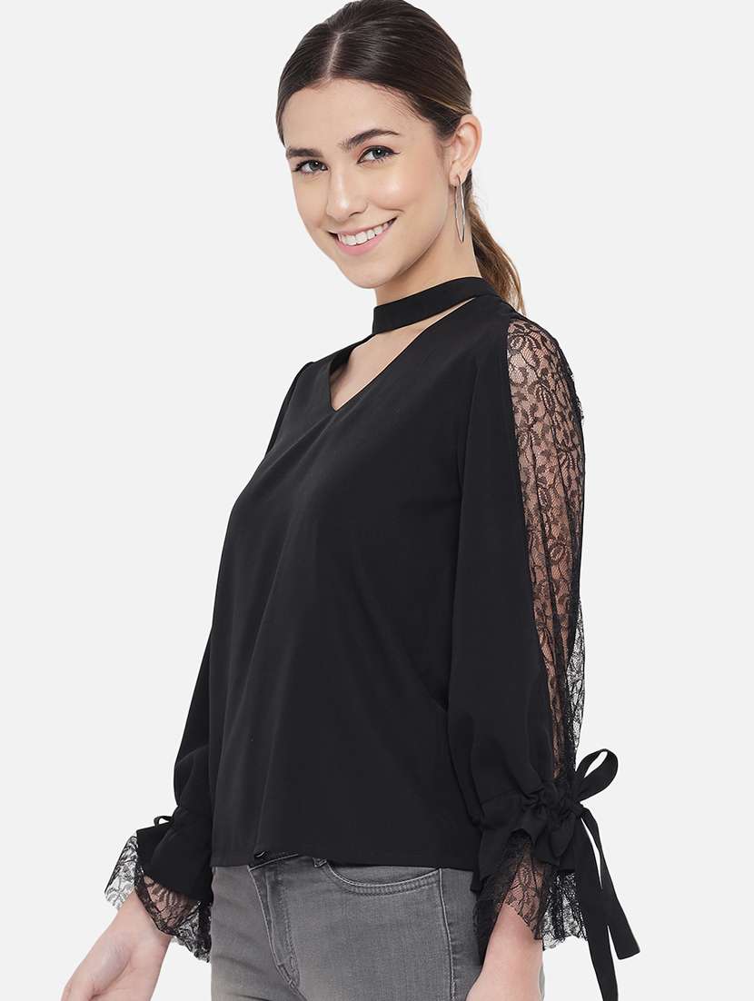 women solid choker neck long sleeve regular top - 22082180 -  Standard Image - 2