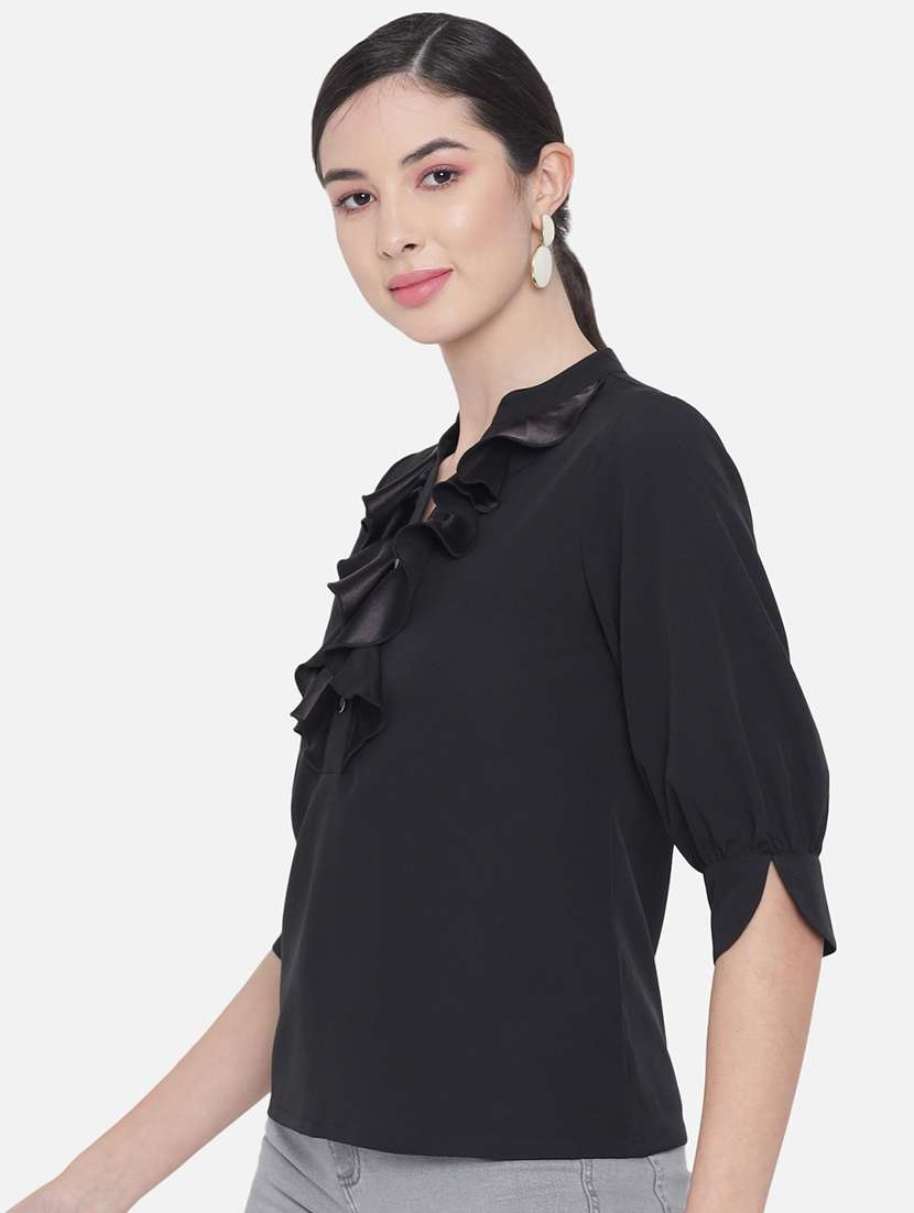 women solid mandarin neck ruffle detailed regular top - 22082181 -  Standard Image - 2