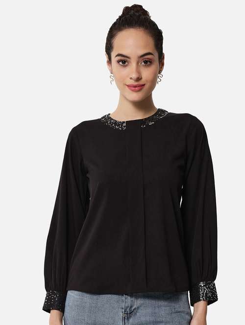 women black solid long sleeve regular top - 22082188 -  Standard Image - 0