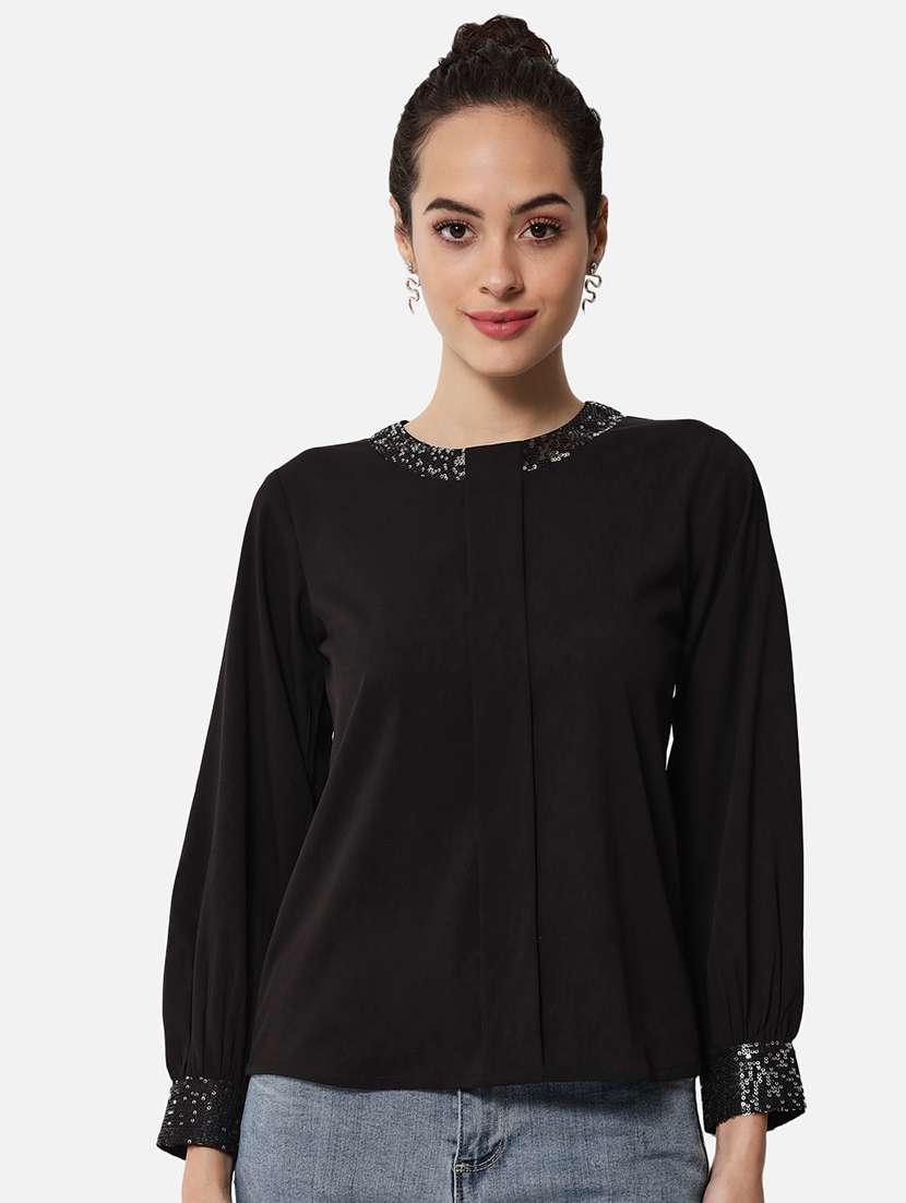 women black solid long sleeve regular top