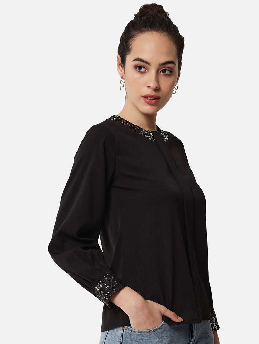 women black solid long sleeve regular top - 22082188 - Standard Image - 2
