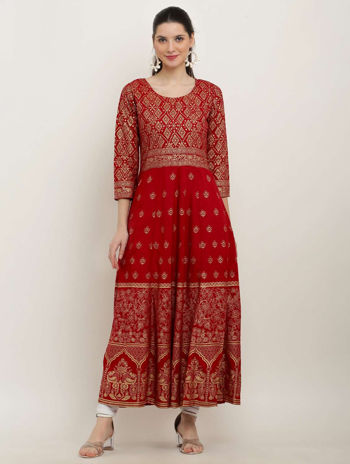 women foil printed three quarter sleeve anarkali kurta - 22082438 - Zoom Image - 0