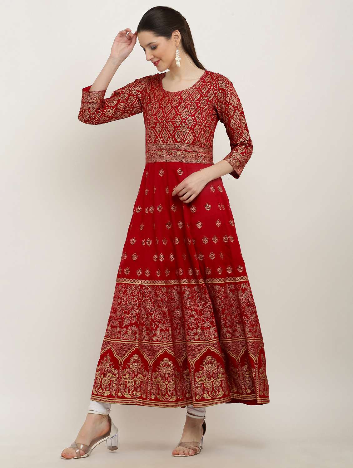 women foil printed three quarter sleeve anarkali kurta - 22082438 - Standard Image - 2